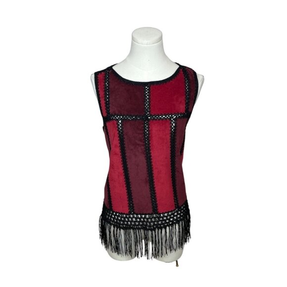 Romeo & Juliet Womens Sleeveless Red & Black Patchwork Fringe Shirt Sz M - Picture 1 of 6